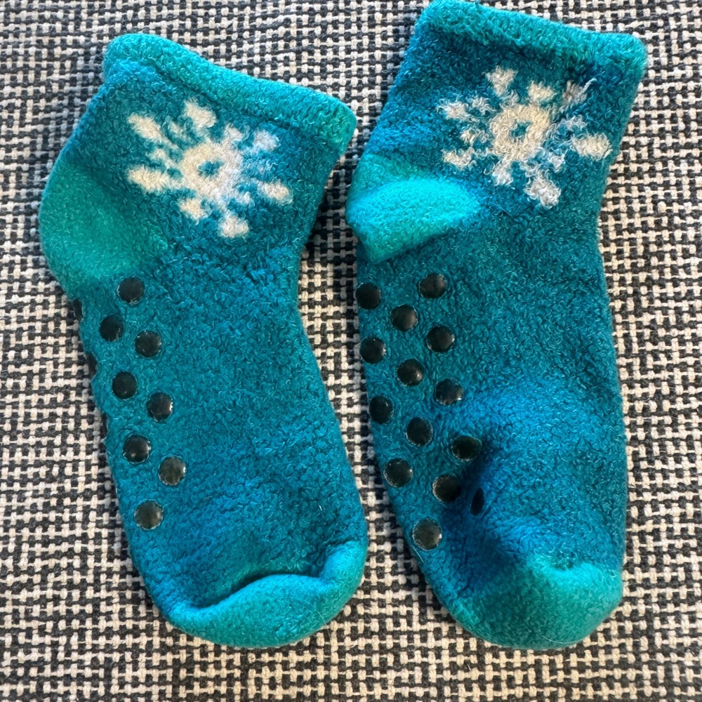 Teal Fuzzy Snowflake Ankle Socks with Non-Slip Grippers Cozy Winter Loungewear